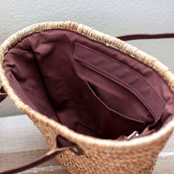 Straw Basket Tote with Dark Brown Shoulder Handles