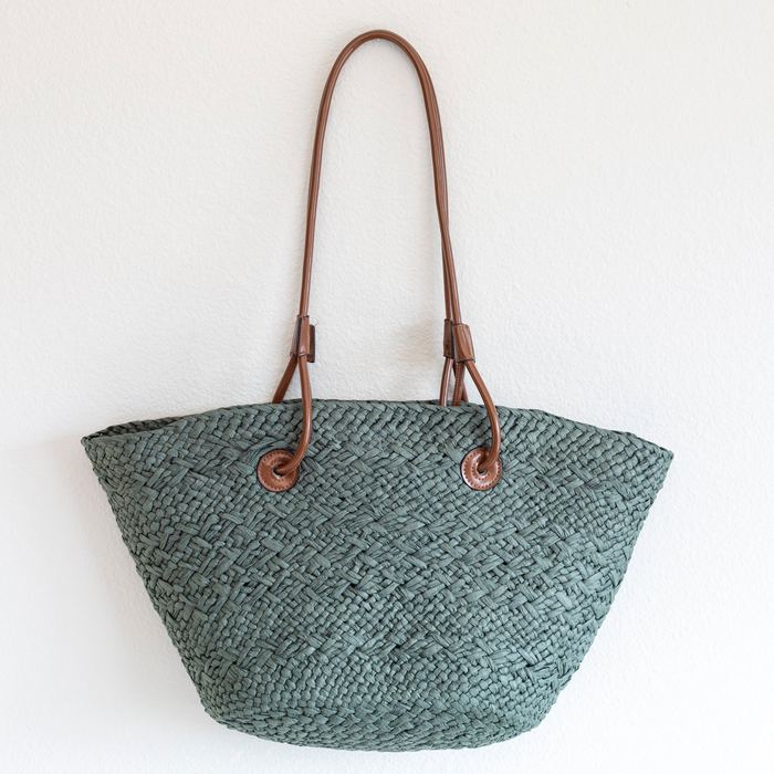 Green Woven Straw Basket Tote with Brown Shoulder Straps