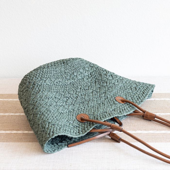 Green Woven Straw Basket Tote with Brown Shoulder Straps