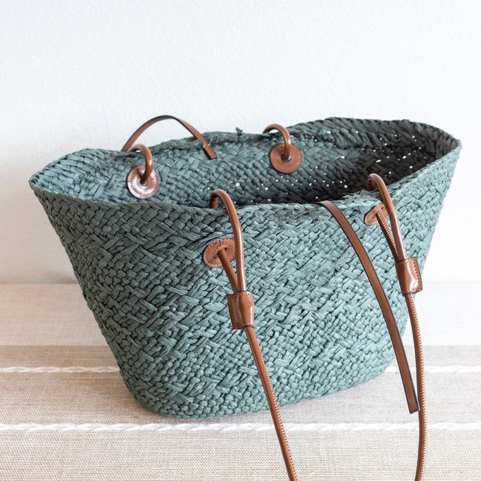 Green Woven Straw Basket Tote with Brown Shoulder Straps