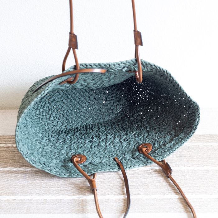 Green Woven Straw Basket Tote with Brown Shoulder Straps