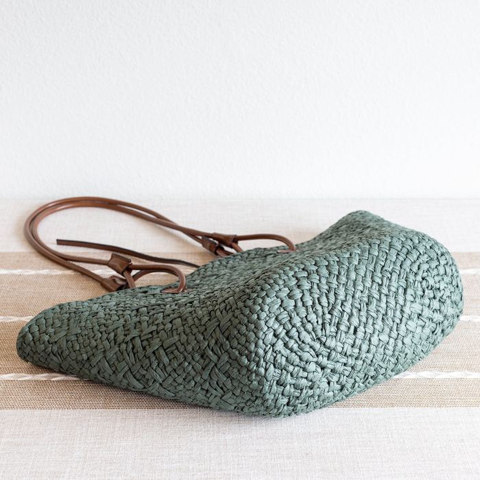 Green Woven Straw Basket Tote with Brown Shoulder Straps