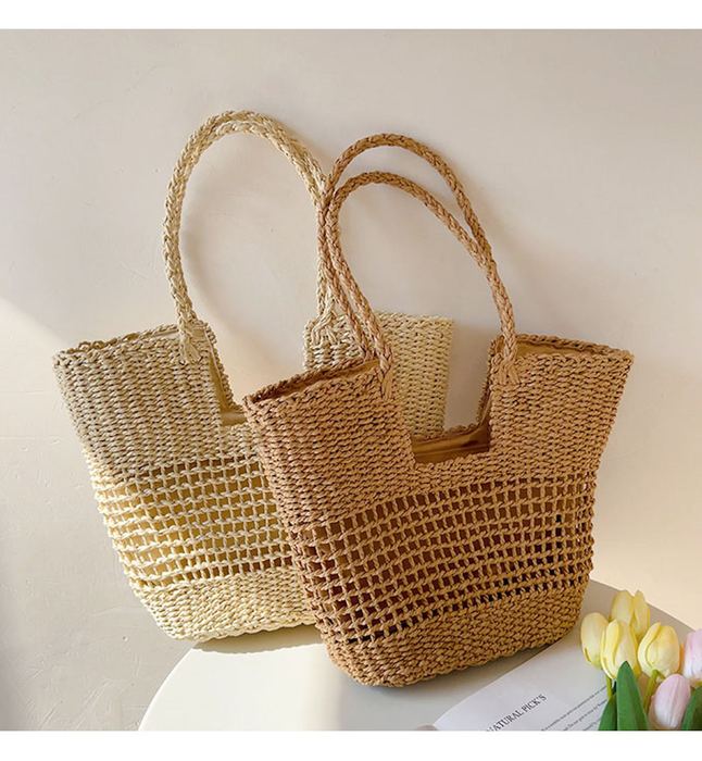 Lined Openwork Straw Basket Tote with Woven Handles