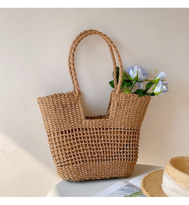 Lined Openwork Straw Basket Tote with Woven Handles
