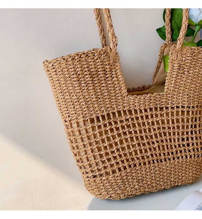 Lined Openwork Straw Basket Tote with Woven Handles