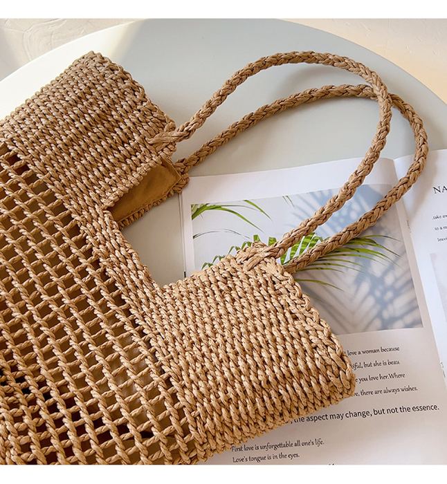 Lined Openwork Straw Basket Tote with Woven Handles