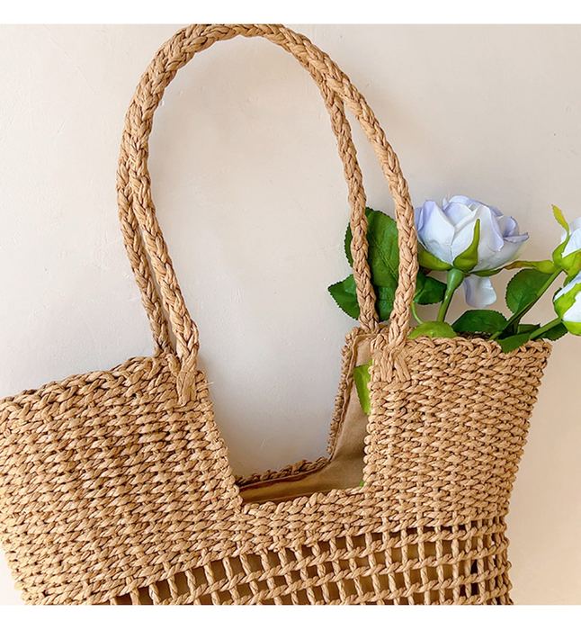 Lined Openwork Straw Basket Tote with Woven Handles
