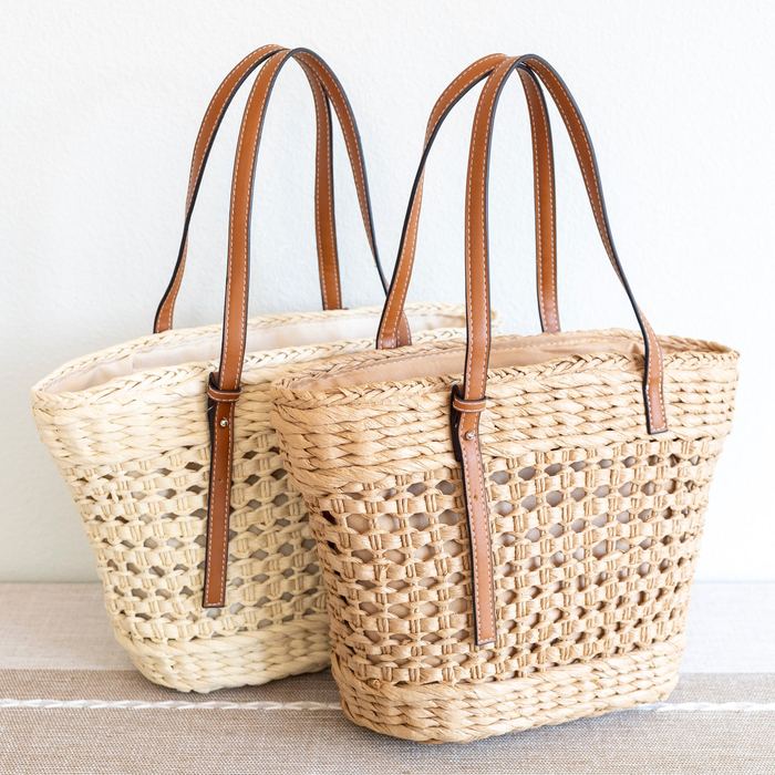 Openwork Straw Basket Tote with Brown Handles