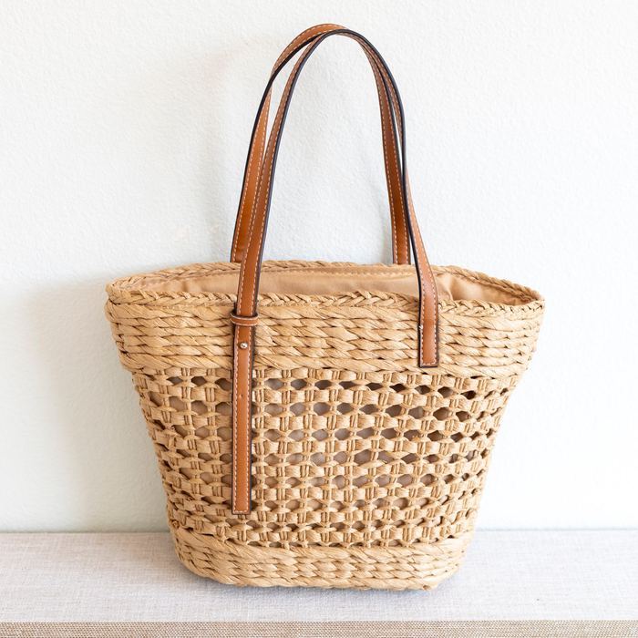Openwork Straw Basket Tote with Brown Handles