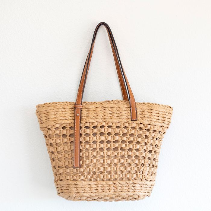 Openwork Straw Basket Tote with Brown Handles