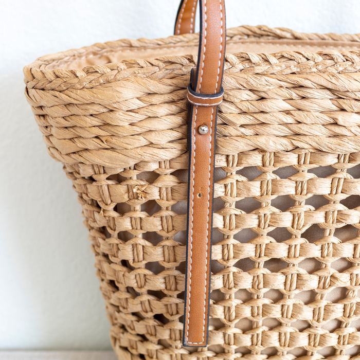 Openwork Straw Basket Tote with Brown Handles