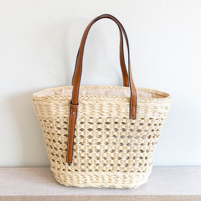 Openwork Straw Basket Tote with Brown Handles