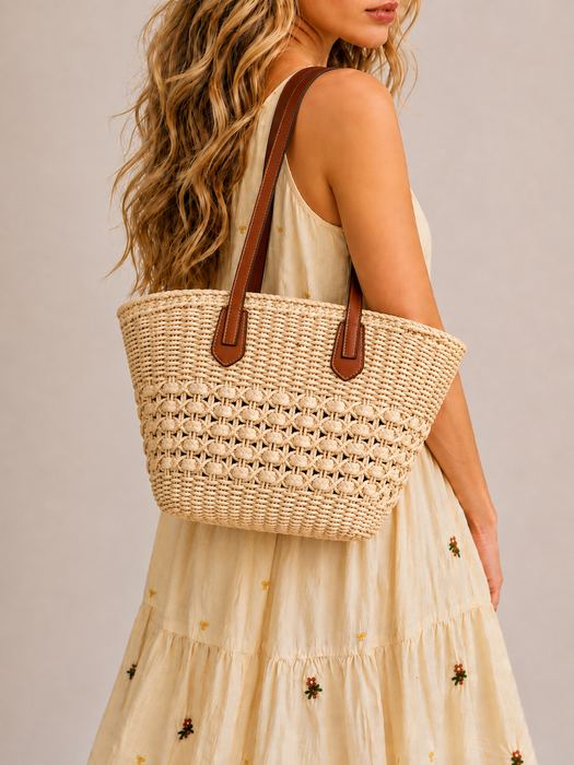 Woven Straw Basket Tote with Brown Shoulder Handles