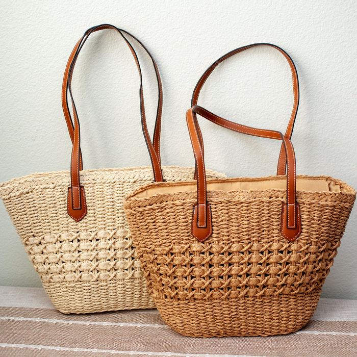 Woven Straw Basket Tote with Brown Shoulder Handles