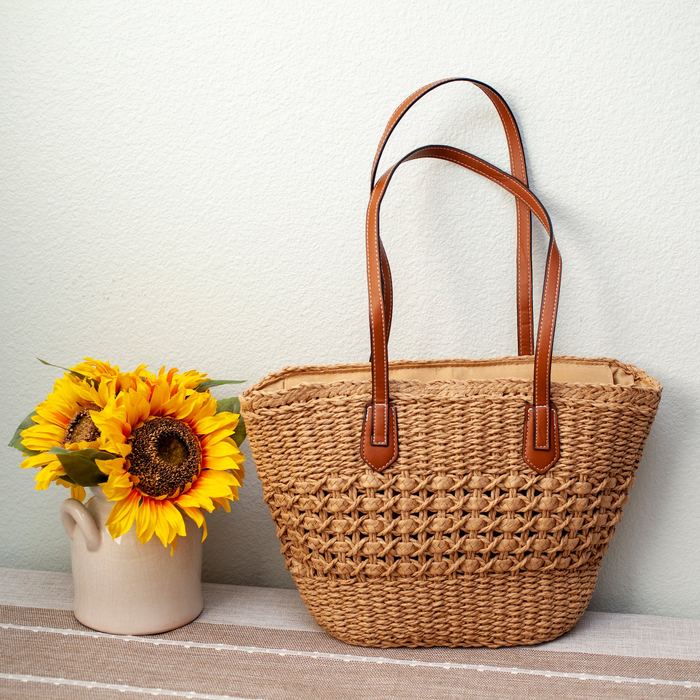 Woven Straw Basket Tote with Brown Shoulder Handles