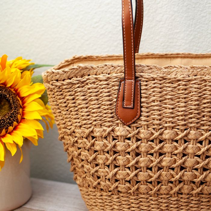 Woven Straw Basket Tote with Brown Shoulder Handles