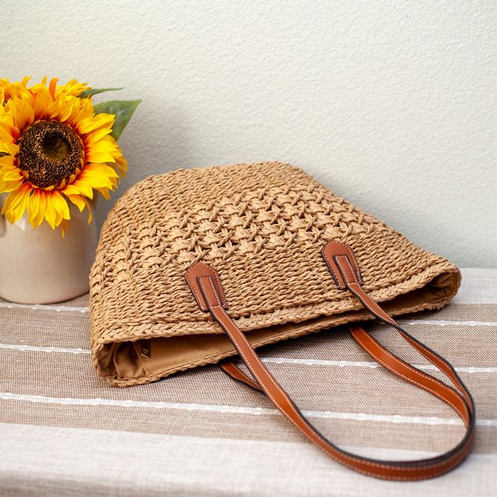 Woven Straw Basket Tote with Brown Shoulder Handles