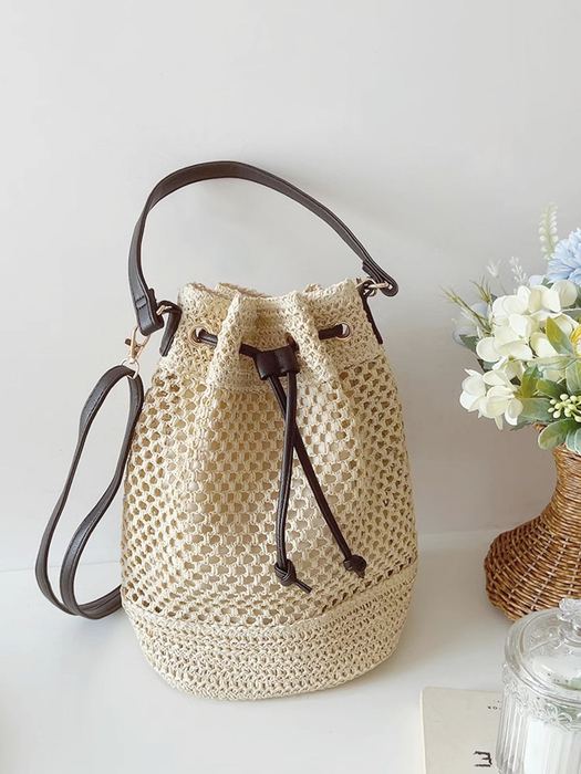 Woven Straw Bucket Bag with Contrast Handle