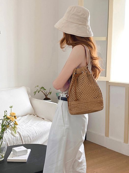 Woven Straw Bucket Bag with Contrast Handle