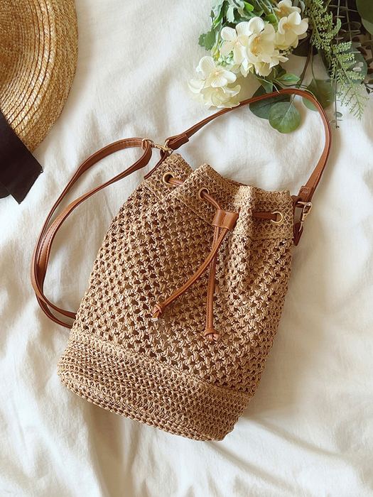 Woven Straw Bucket Bag with Contrast Handle