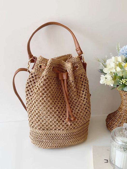 Woven Straw Bucket Bag with Contrast Handle