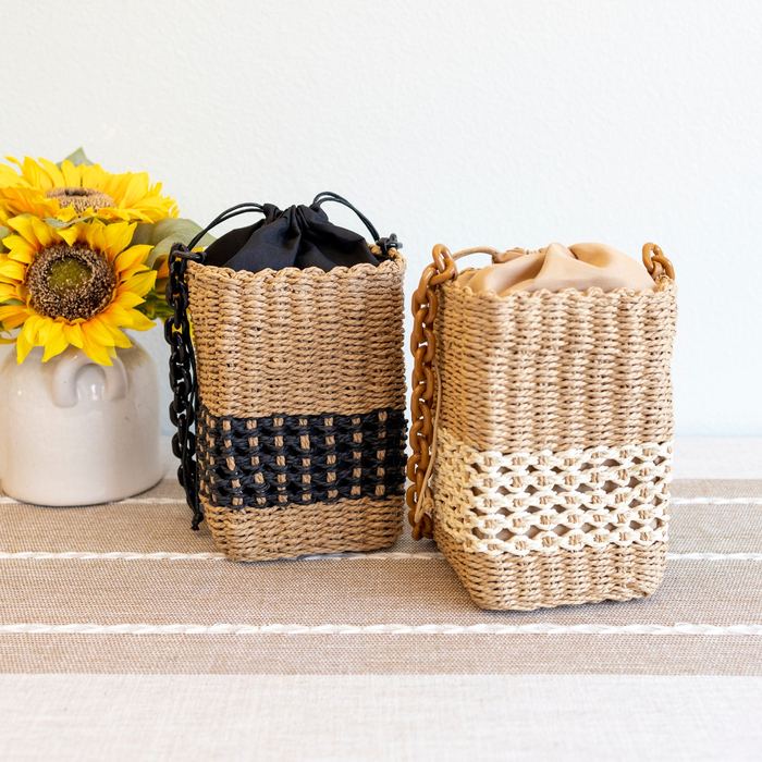 Small Woven Straw Basket Bag with Chain-Link Strap