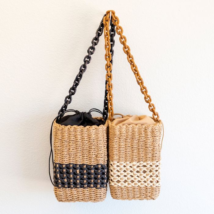 Small Woven Straw Basket Bag with Chain-Link Strap