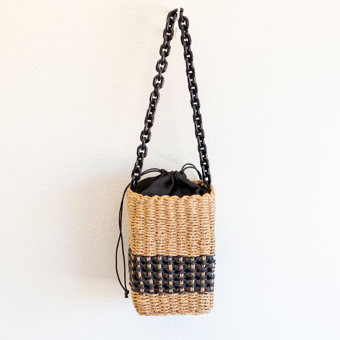 Small Woven Straw Basket Bag with Chain-Link Strap