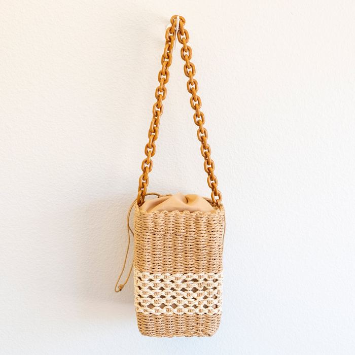 Small Woven Straw Basket Bag with Chain-Link Strap