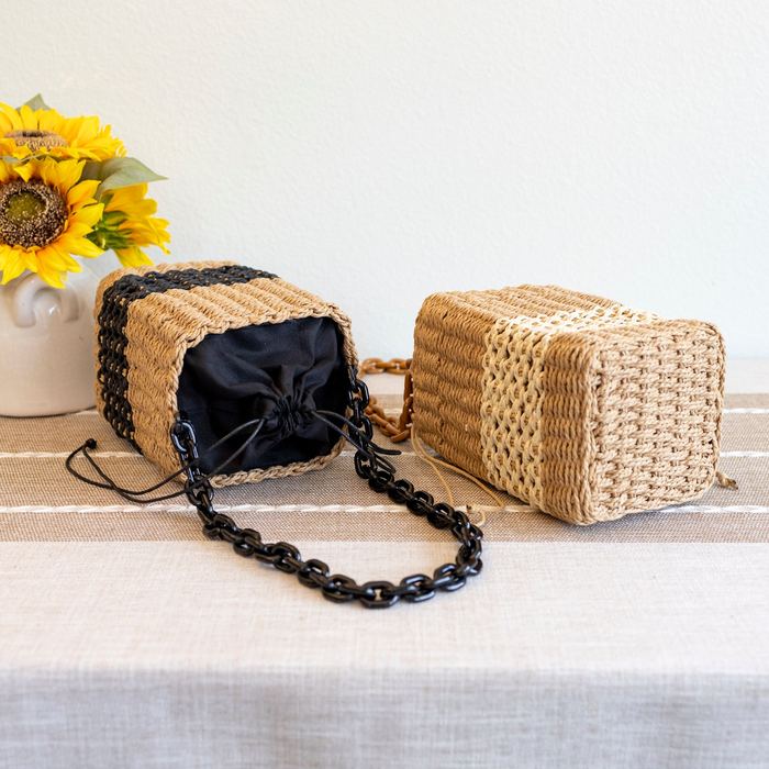 Small Woven Straw Basket Bag with Chain-Link Strap