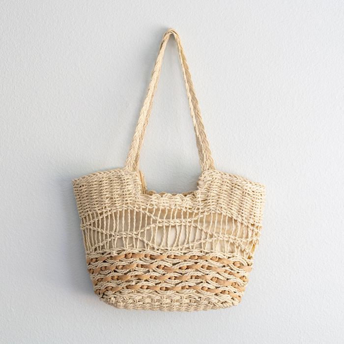 Two-Tone Woven Straw Shoulder Tote