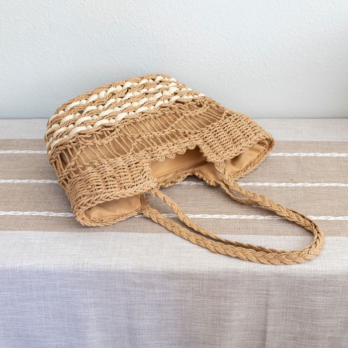 Two-Tone Woven Straw Shoulder Tote