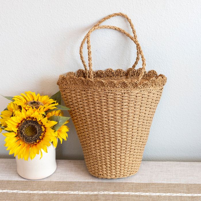Tapered Straw Basket Tote with Scalloped Rim