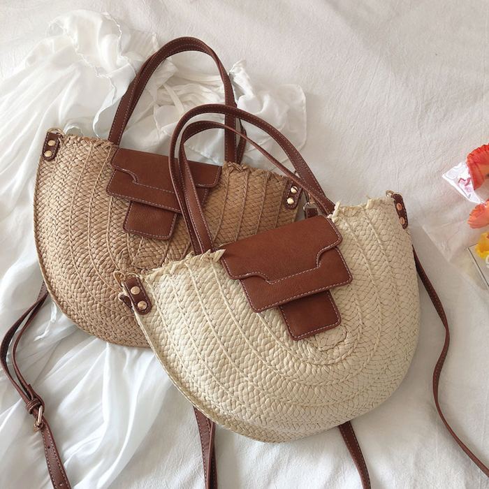 Half-Moon Straw Handbag with Brown Front Tab