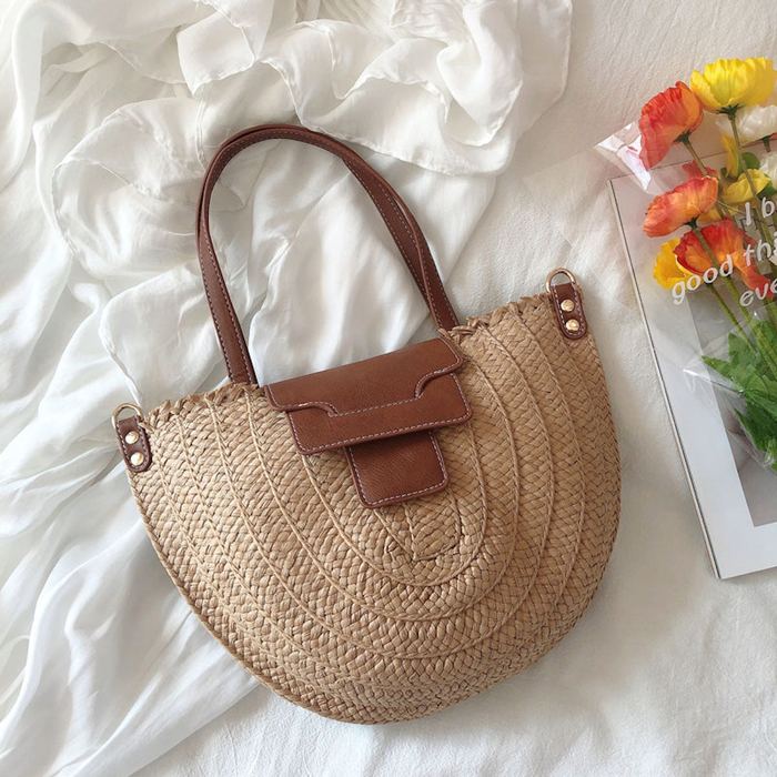Half-Moon Straw Handbag with Brown Front Tab