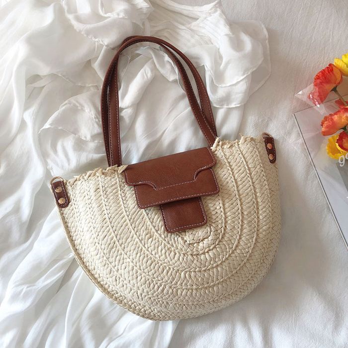 Half-Moon Straw Handbag with Brown Front Tab