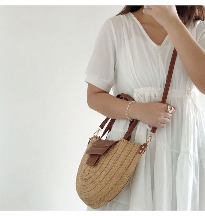 Half-Moon Straw Handbag with Brown Front Tab