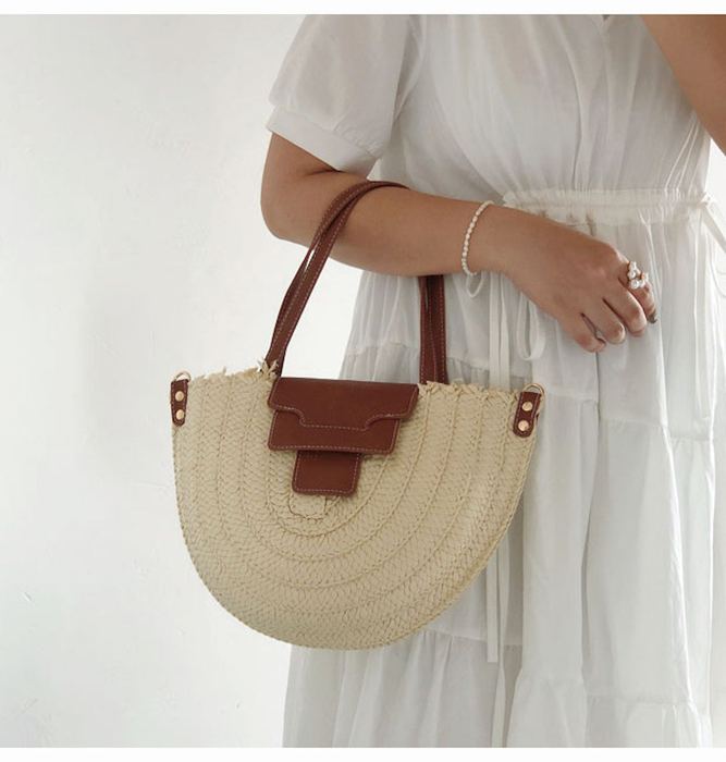 Half-Moon Straw Handbag with Brown Front Tab