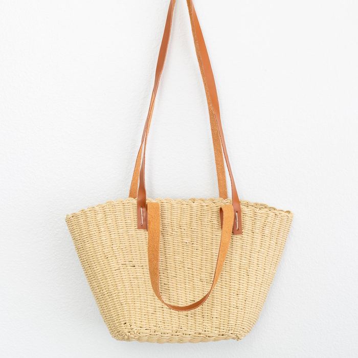 Natural Straw Basket Tote with Dual-Length Brown Handles