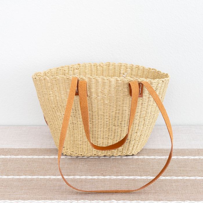 Natural Straw Basket Tote with Dual-Length Brown Handles