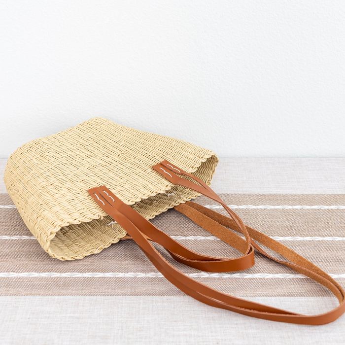 Natural Straw Basket Tote with Dual-Length Brown Handles