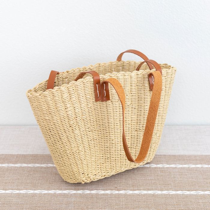 Natural Straw Basket Tote with Dual-Length Brown Handles