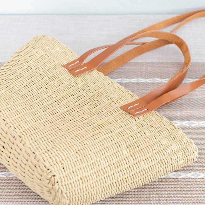 Natural Straw Basket Tote with Dual-Length Brown Handles