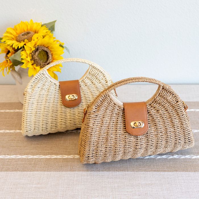 Shell-Shaped Woven Straw Top-Handle Crossbody Bag