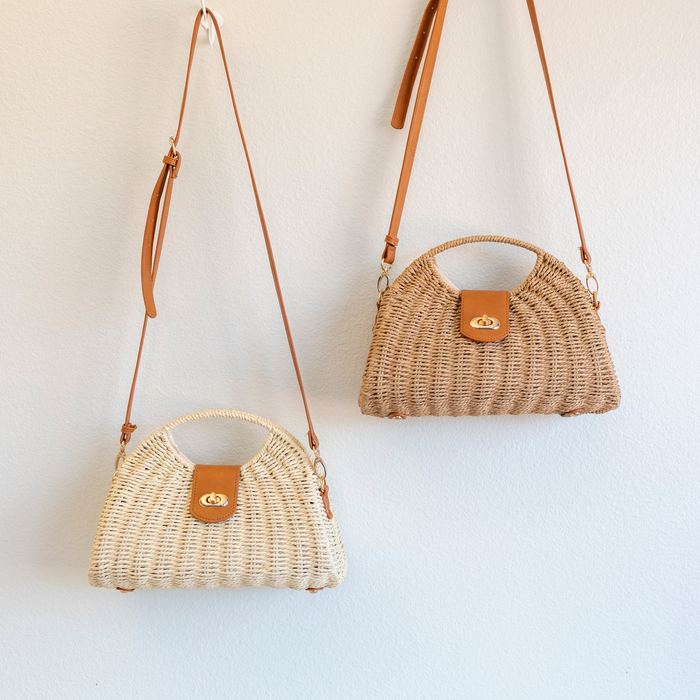 Shell-Shaped Woven Straw Top-Handle Crossbody Bag