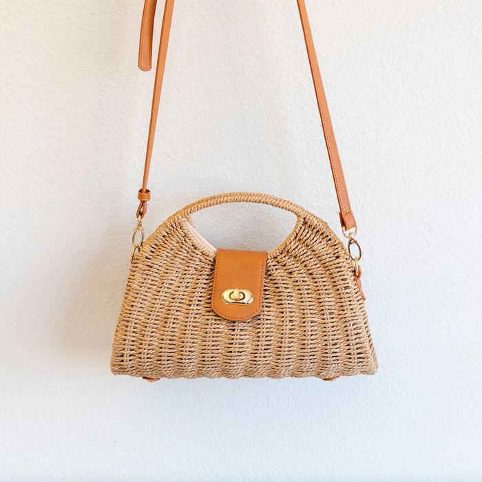 Shell-Shaped Woven Straw Top-Handle Crossbody Bag