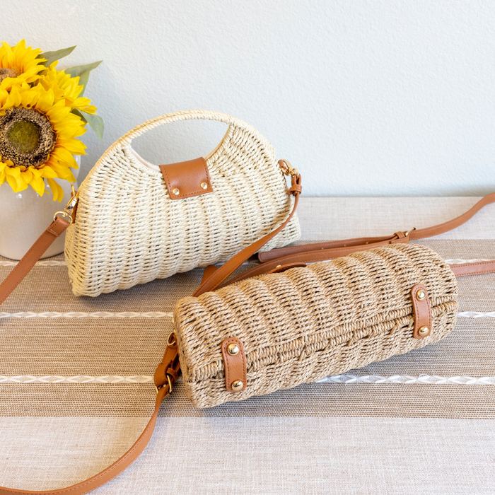 Shell-Shaped Woven Straw Top-Handle Crossbody Bag