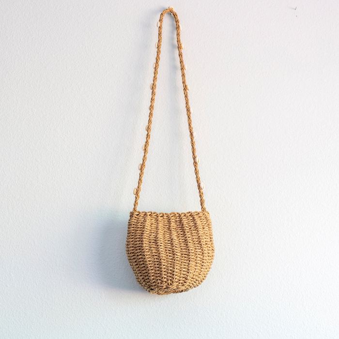 Small Straw Shoulder Bag with Shell-Detail Strap