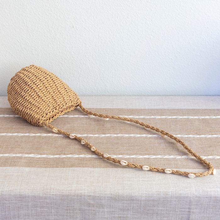Small Straw Shoulder Bag with Shell-Detail Strap
