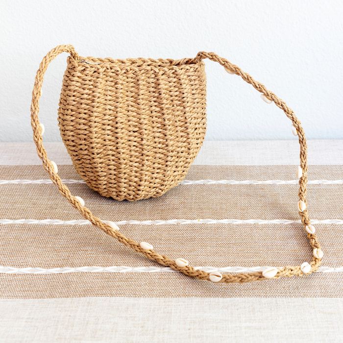 Small Straw Shoulder Bag with Shell-Detail Strap